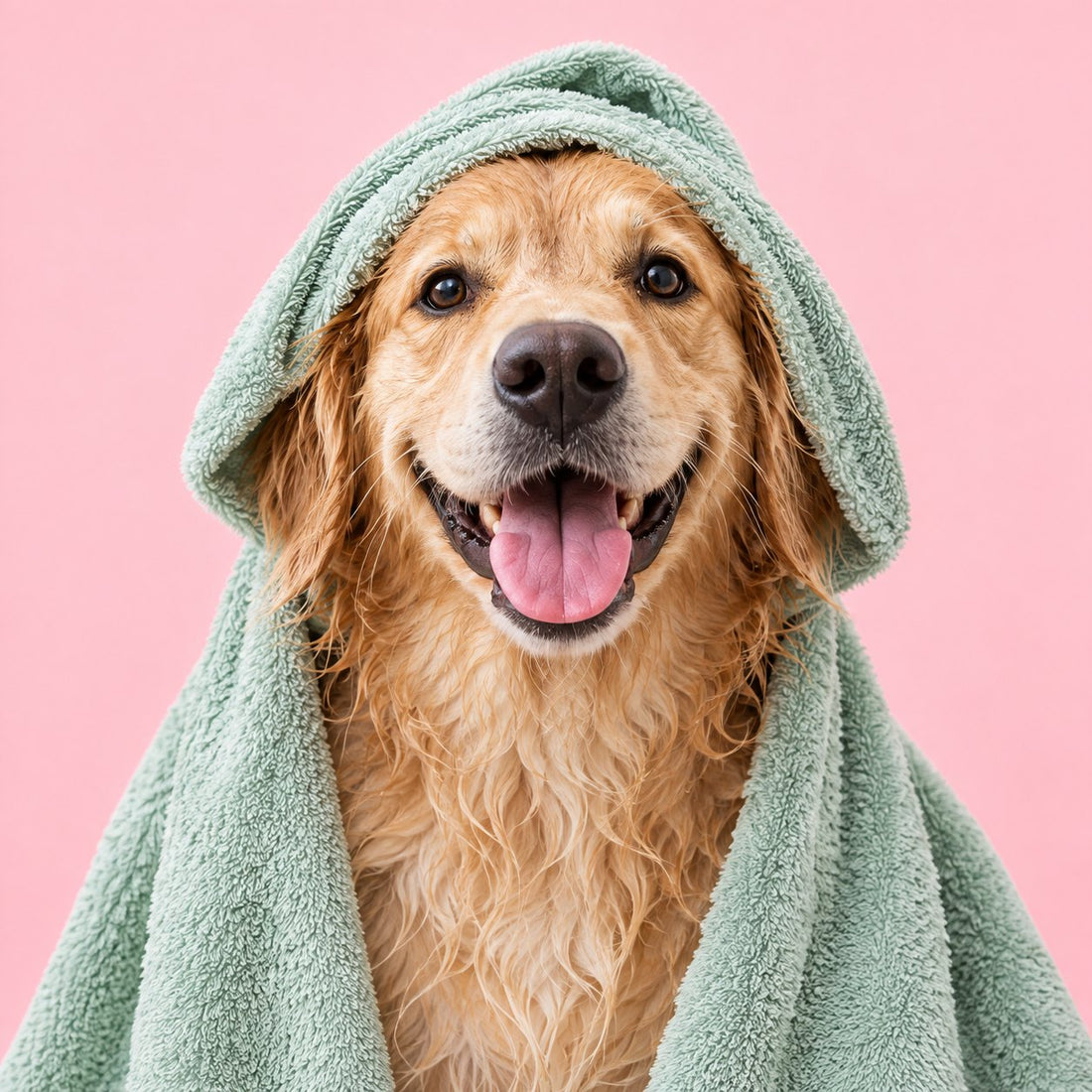 Golden retriever enroulé dans une serviette après le toilettage