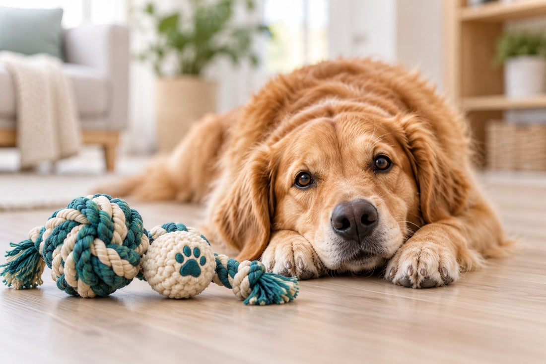 Chien détendu à la maison, couché près de son jouet