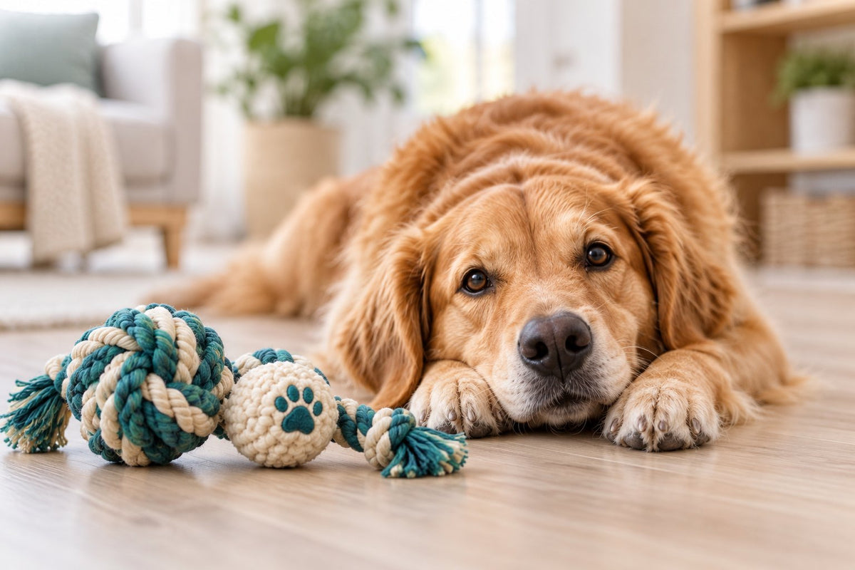 Chien détendu à la maison, couché près de son jouet