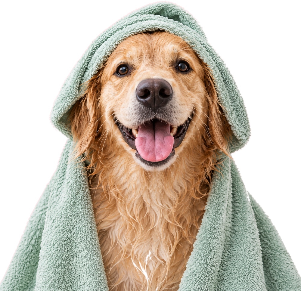 Golden retriever enroulé dans une serviette après le bain