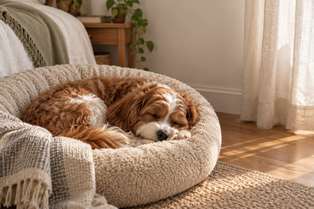 Cavapoo endormi, roulé en boule dans un panier rond en bouclette crème