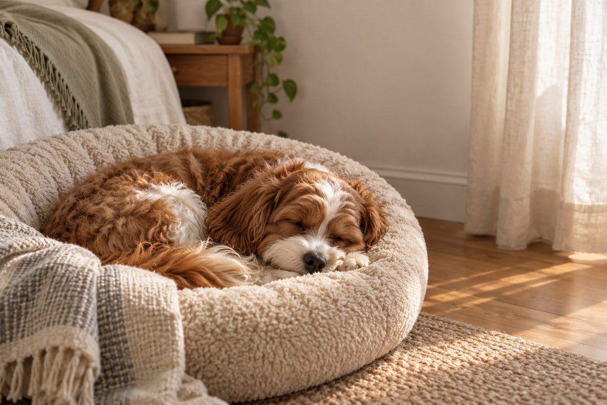 Cavapoo endormi, roulé en boule dans un panier rond en bouclette crème