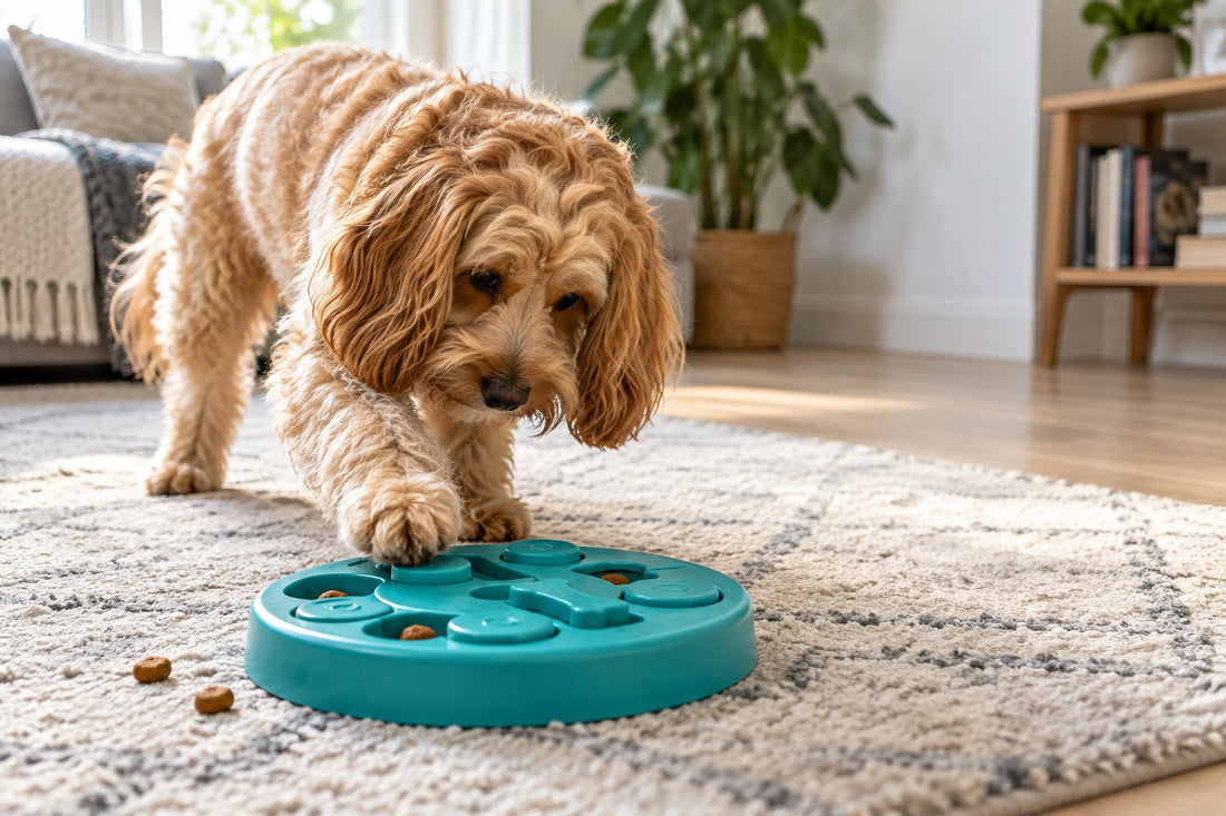 Cockapoo qui cherche des friandises dans un jeu de flair turquoise posé sur un tapis du salon