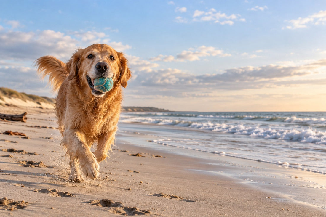 Golden retriever qui court sur une plage de l'Atlantique avec une balle turquoise dans la gueule